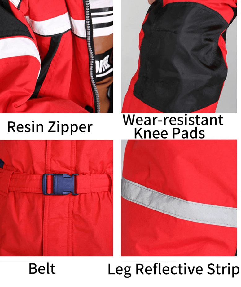 Red ski jumpsuit features resin zipper, wear-resistant knee pads, belt, and leg reflective strip for warmth and protection.